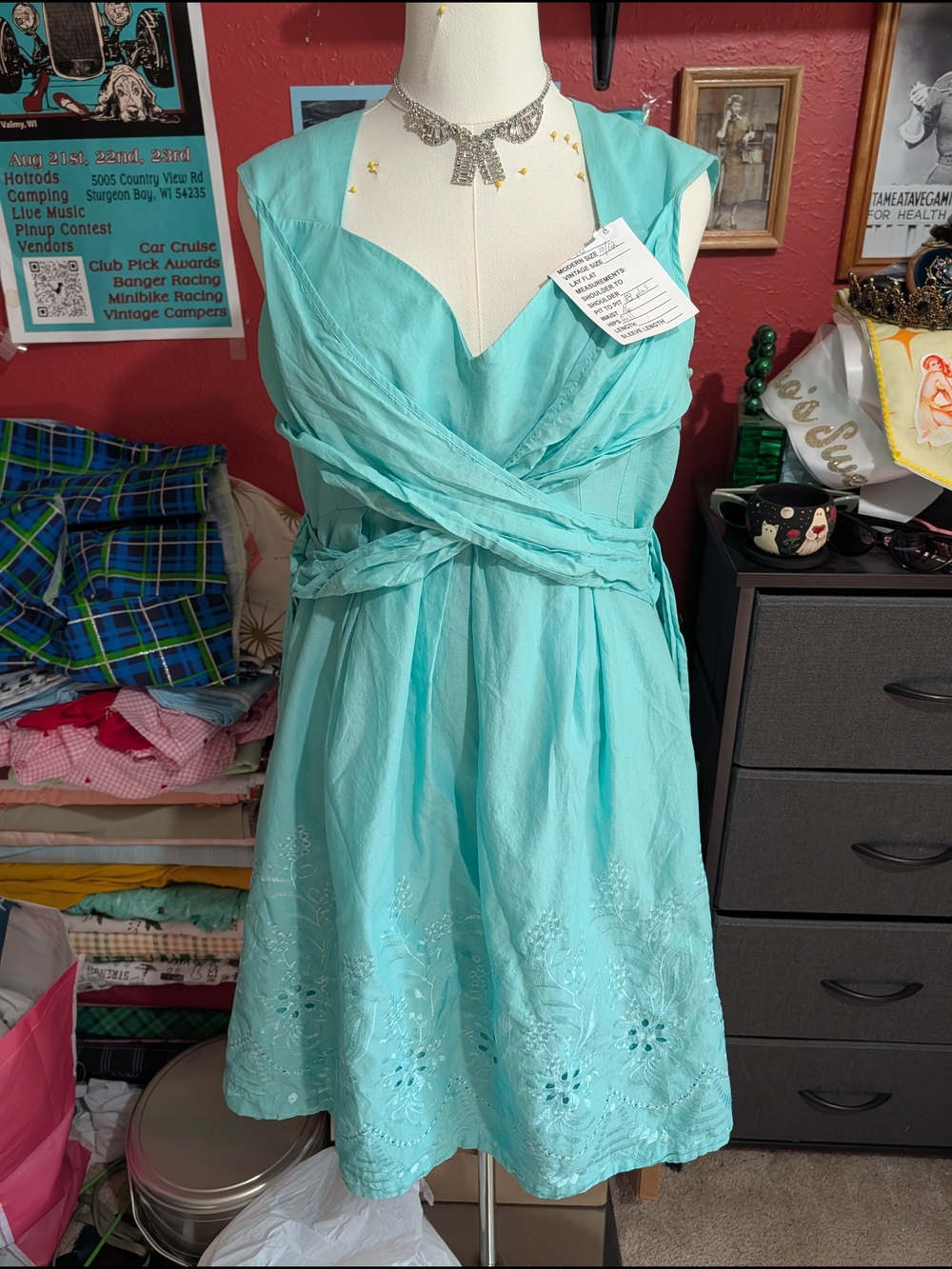 Aqua Sleeveless V-Neck Embroidered Sundress